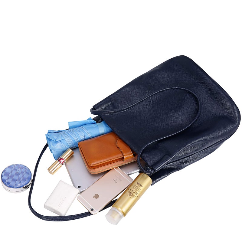 Iswee Genuine Leather Tote Purse Hobo Purses for Women Satchel Shoulder Bag Bucket Bags ladies Designer Handbags (Navy Blue Lichee) - Image 5